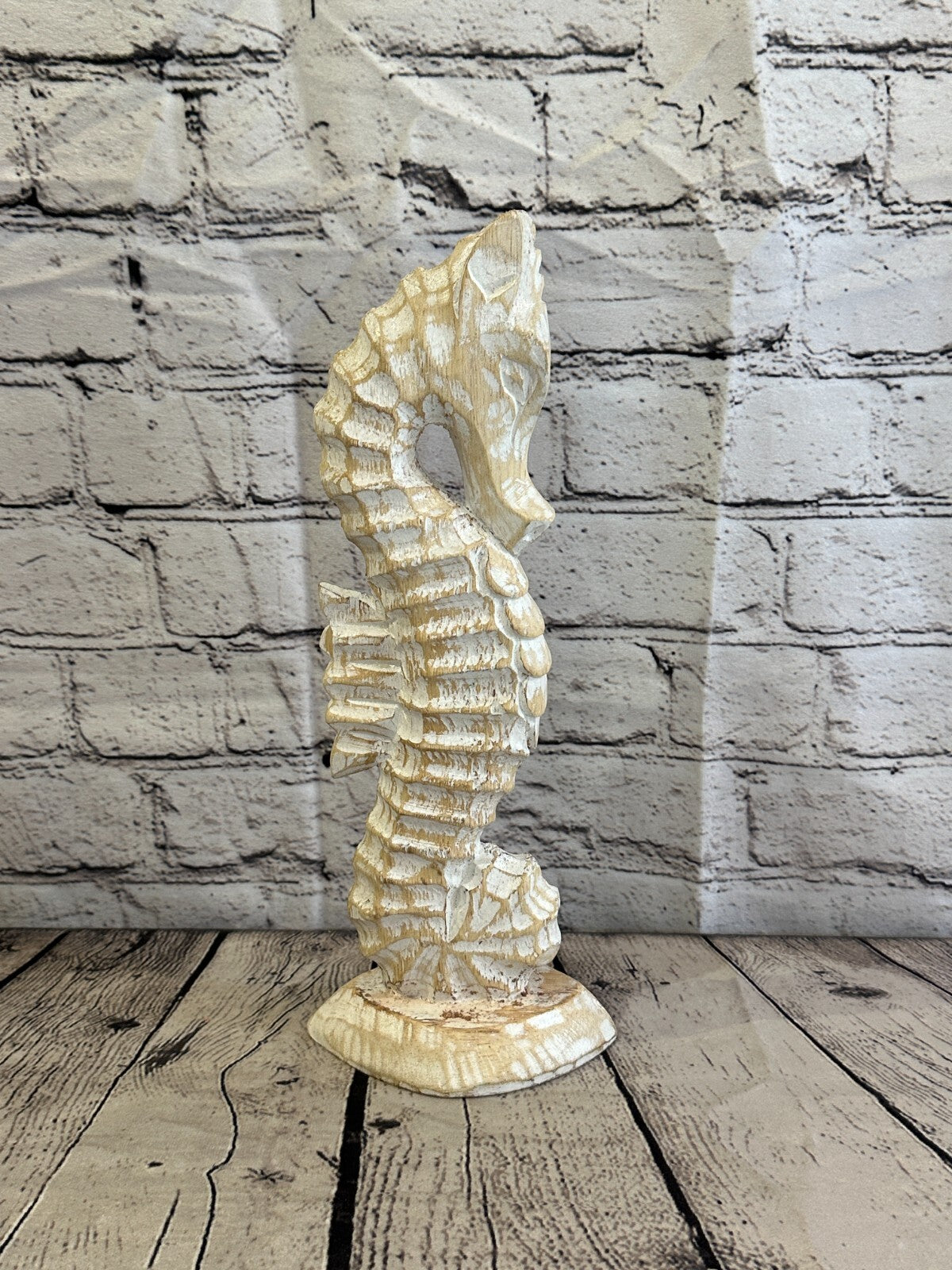 30cm White Plain Wooden Shabby Seahorse Statue Ornament Fair Trade Handcarved