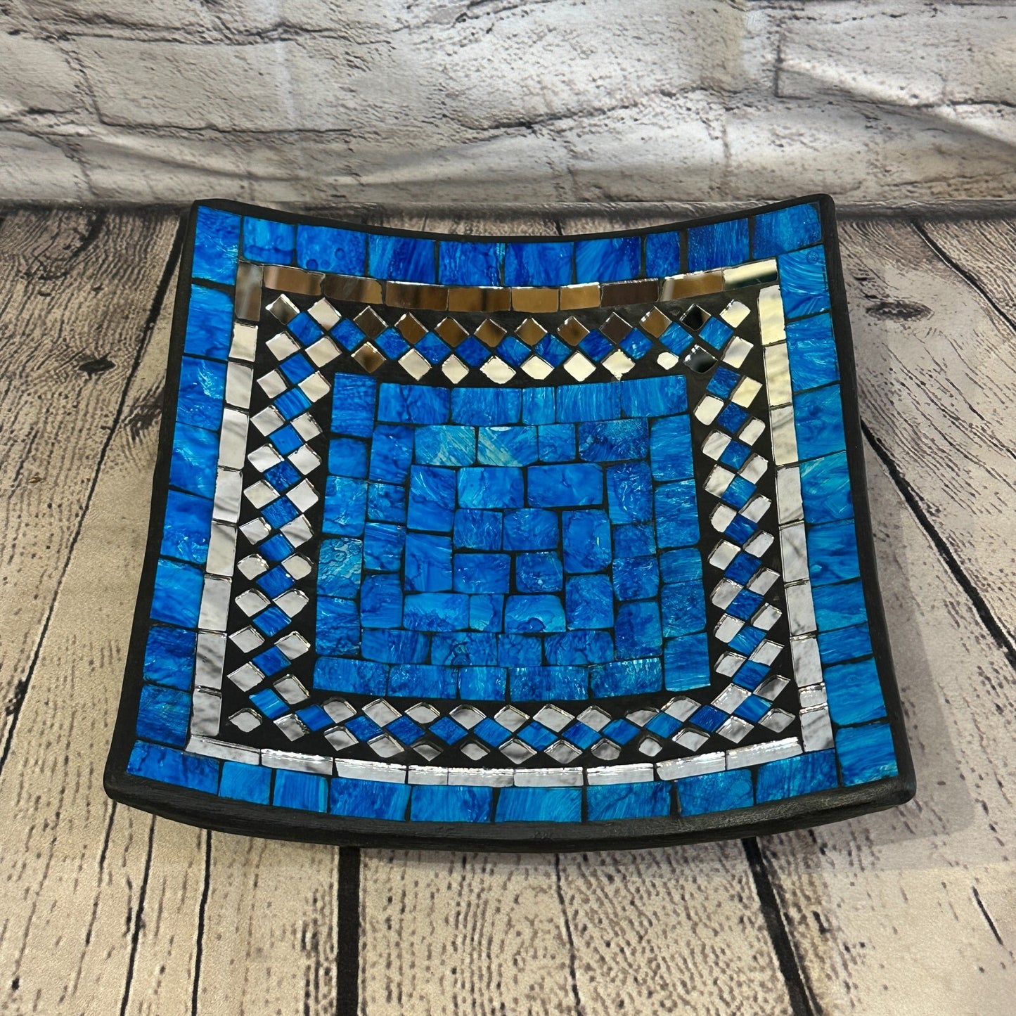 25cm Blue Square Mosaic Handmade Ceramic Glass Tile Bowl Fruit