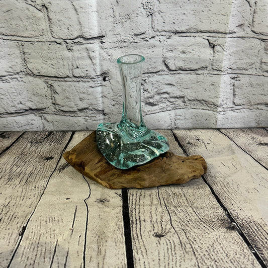 15cm x 10cm Molten Glass Round Vase Natural Root Wood Base Stand Decor Ornament