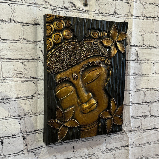 Wooden Wood Panel 40cm Brown Gold Buddha Hibiscus Wall Art Plaque Handcarved