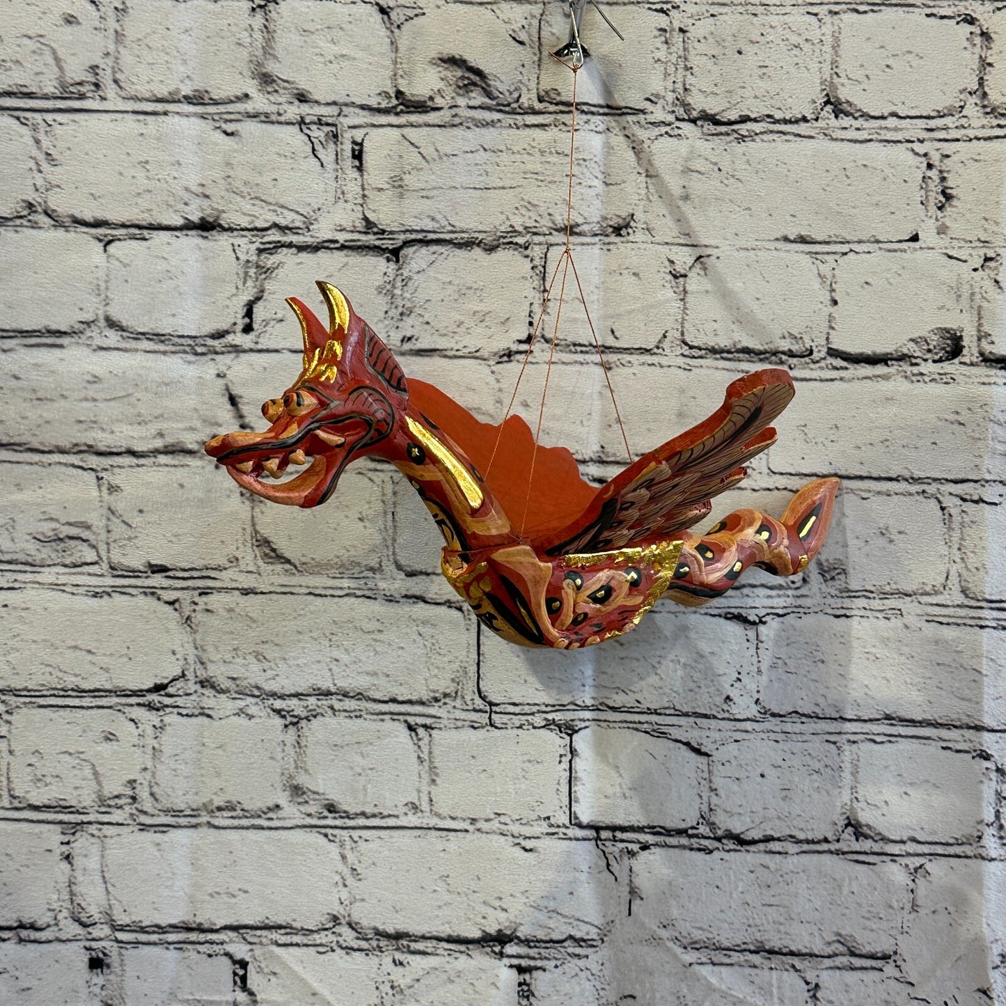 Medium Red Dragon Folk Art Wood Flying Winged Mobile Spirit Chaser Guardian
