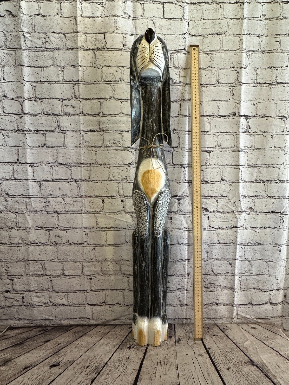 100cm Grey Flower Wooden Shabby Dog Statue Ornament Fair Trade Handcarved