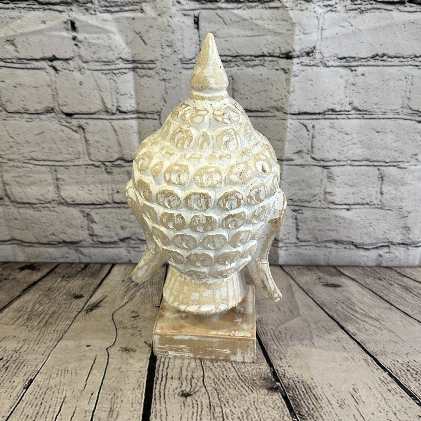 30cm White Buddha Head Wooden Standing Statue Figurine Ornament Fair Trade