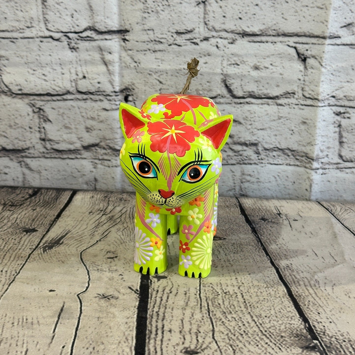 Green Large Wooden Cat With Flower Pattern 15cm x 10cm Handmade and Fairtrade