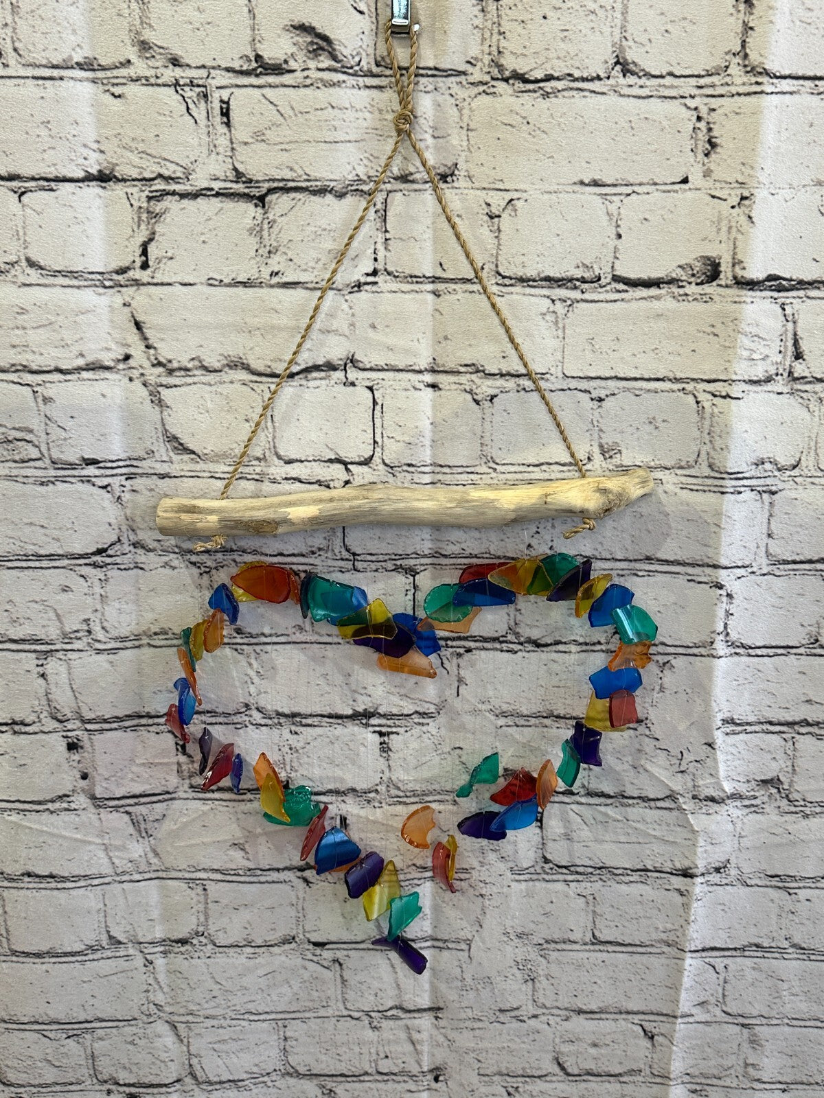 35cm x 25cm Rainbow Heart Recycled Glass Driftwood Handmade Garden Home Mobile