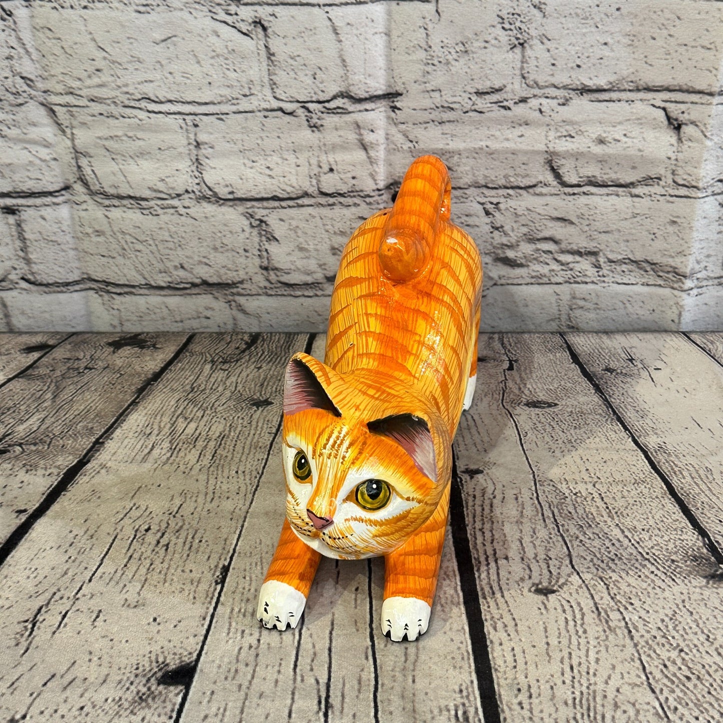 22cm x 14cm Orange Tabby Style Painted Wooden Hand Carved Stretching Cat Wooden