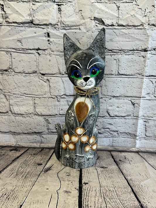 30cm Grey Swirl Flower Wooden Shabby Cat Statue Ornament Fair Trade Handcarved
