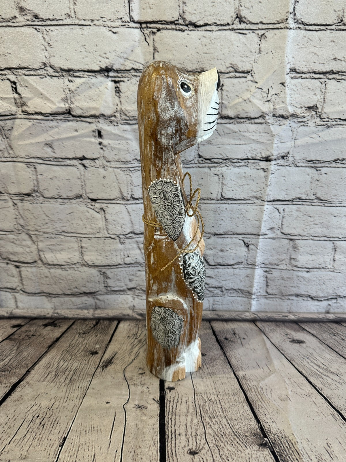 40cm Light Brown Flower Wooden Shabby Dog Statue Ornament Fair Trade Handcarved