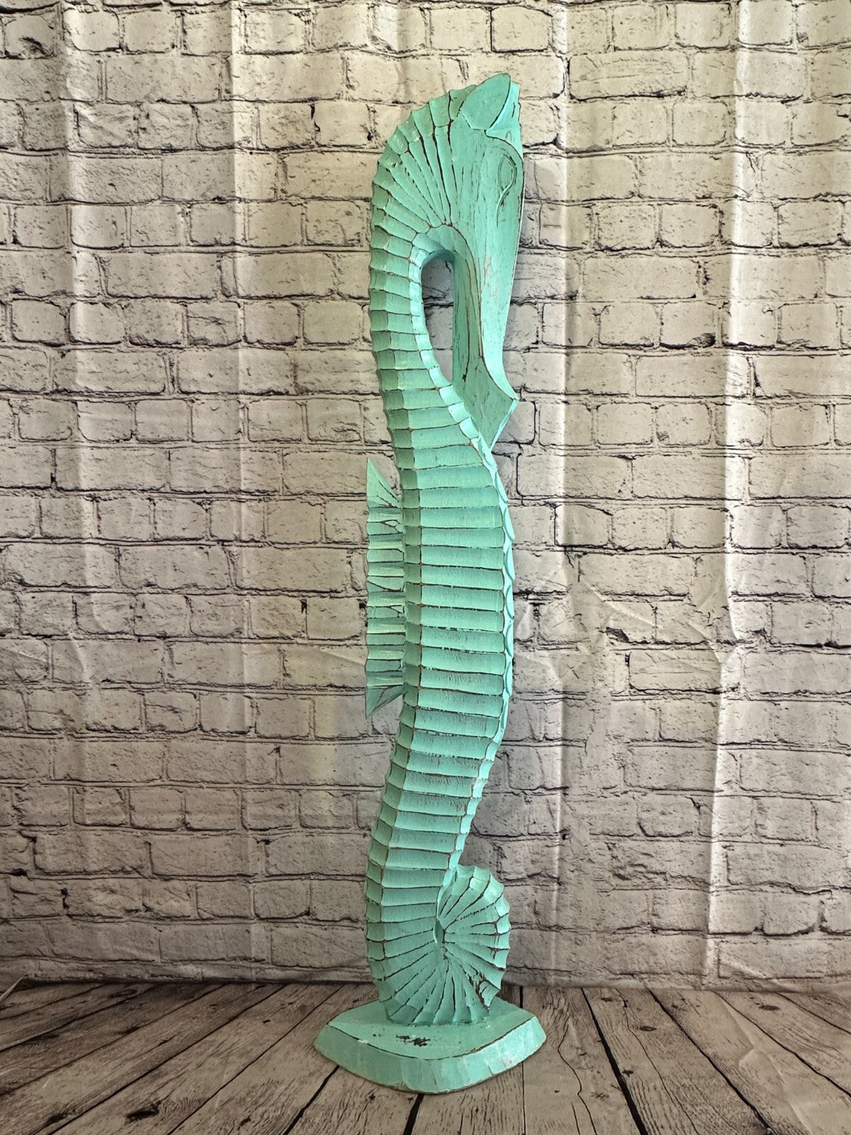 100cm Green Plain Wooden Shabby Seahorse Statue Ornament Fair Trade Handcarved