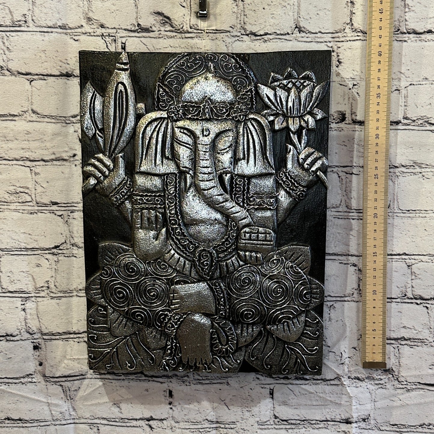 Wooden Wood Panel 40cm Brown Silver Ganesh Lotus Wall Art Plaque Handcarved