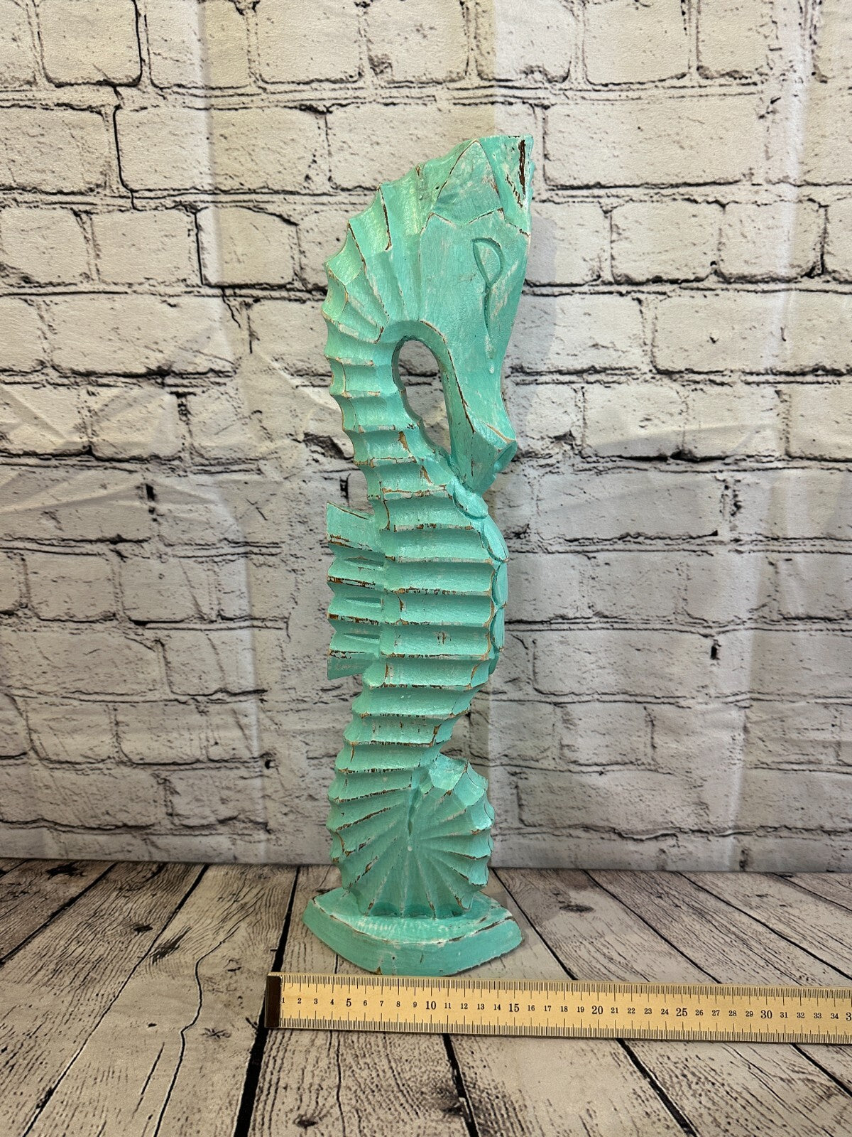 50cm Green Plain Wooden Shabby Seahorse Statue Ornament Fair Trade Handcarved