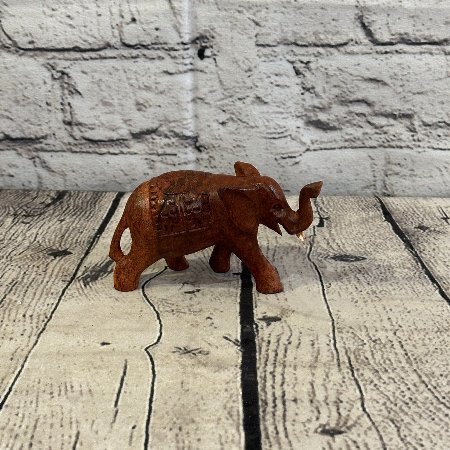 10cm x 6cm Carved Wooden Baby Elephant Wood Brown Sculpture Retro Handmade