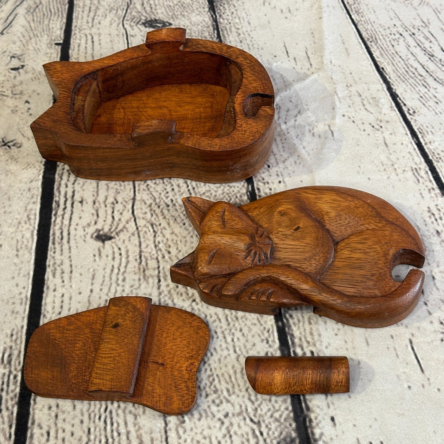 Carved Sleeping Cat 4 Bit Wooden Puzzle Box Secret Box Magic Trinket Handmade