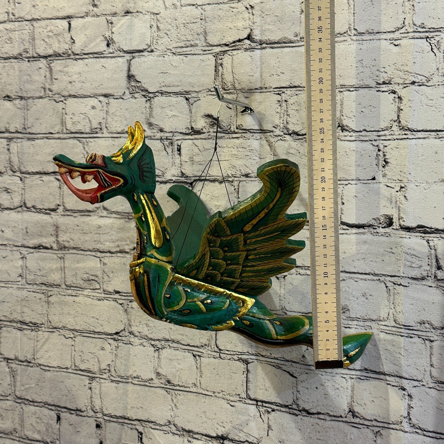 Large Green Dragon Folk Art Wood Flying Winged Mobile Spirit Chaser Guardian
