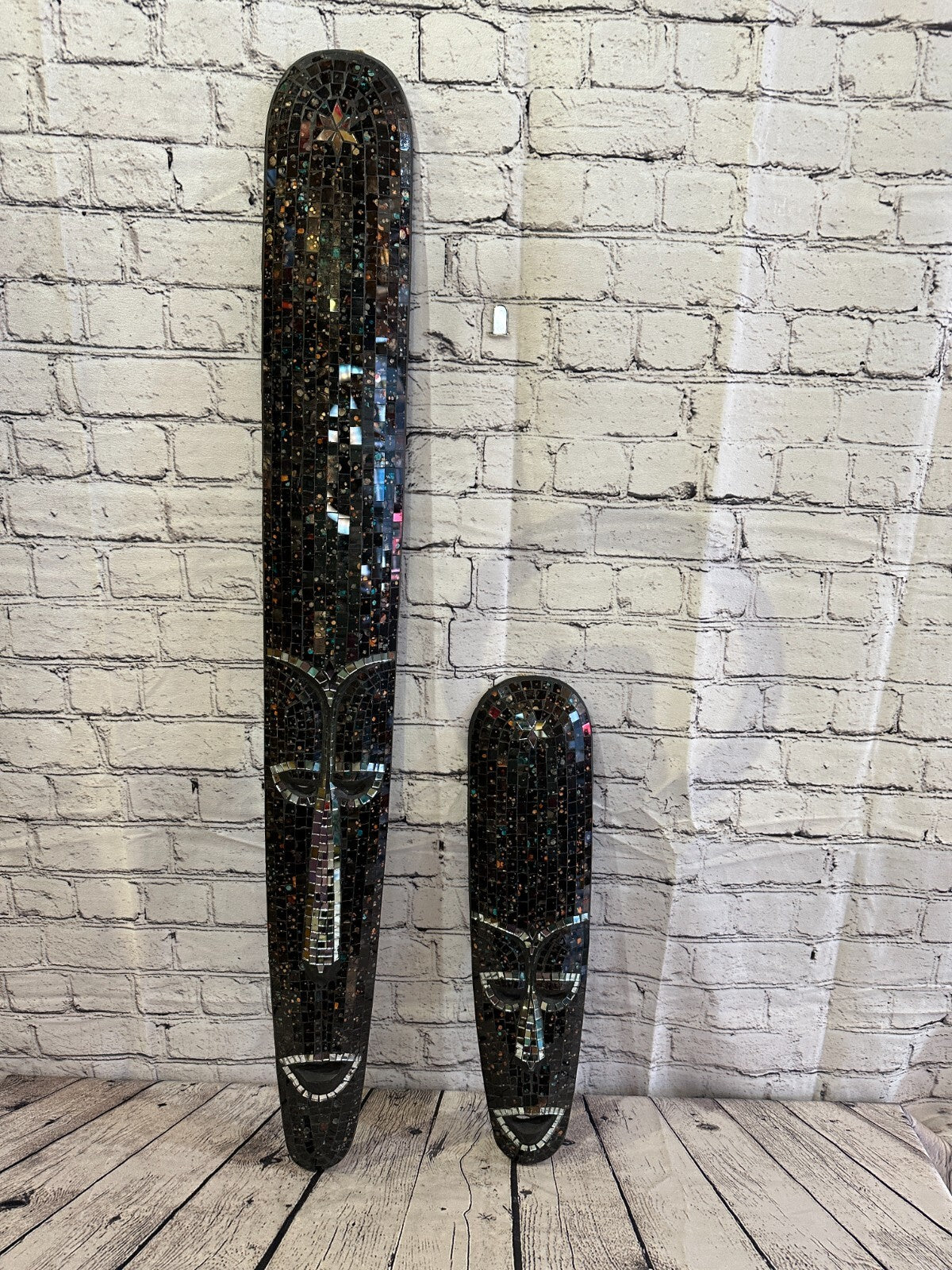 80cm Black Mosaic Mirror Mask Carved Painted Ethnic Tribal Wall Art Handmade