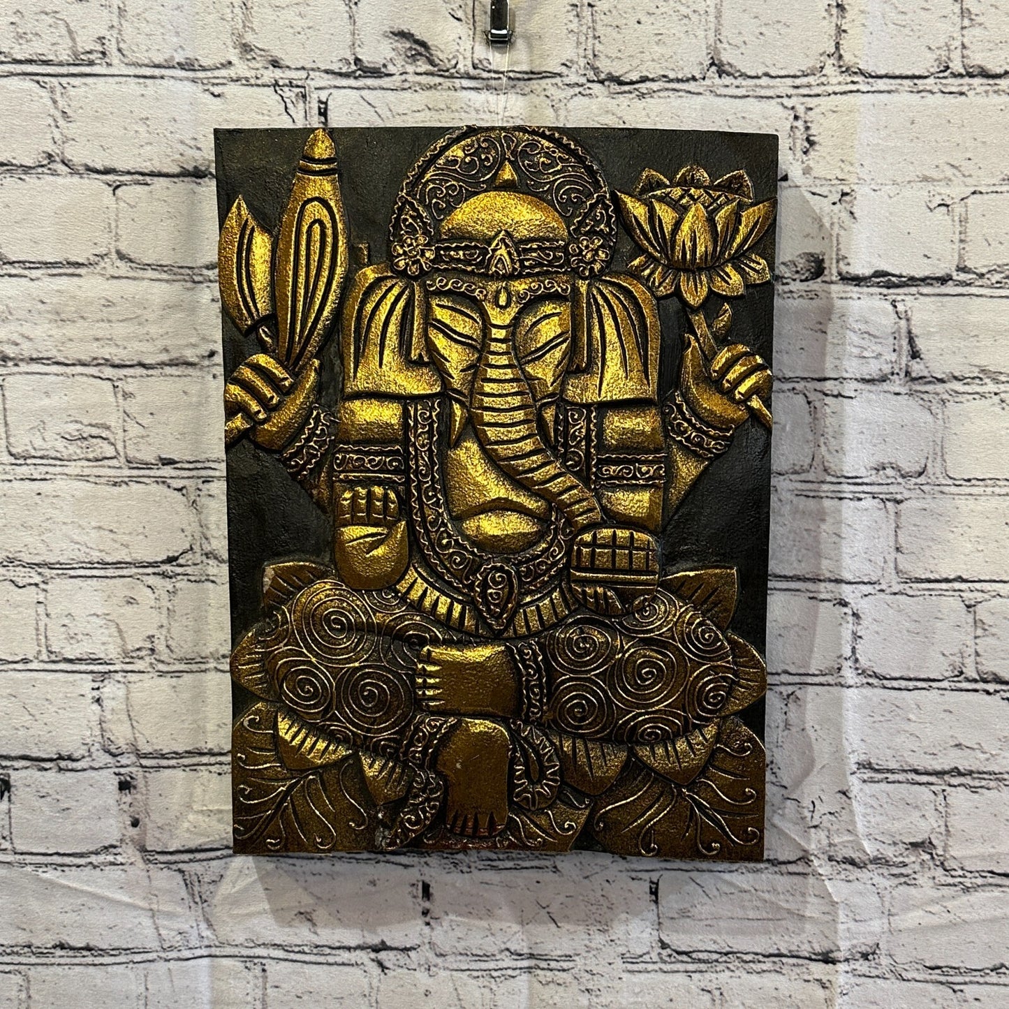 Wooden Wood Panel 40cm Brown Gold Ganesh Lotus Wall Art Plaque Handcarved