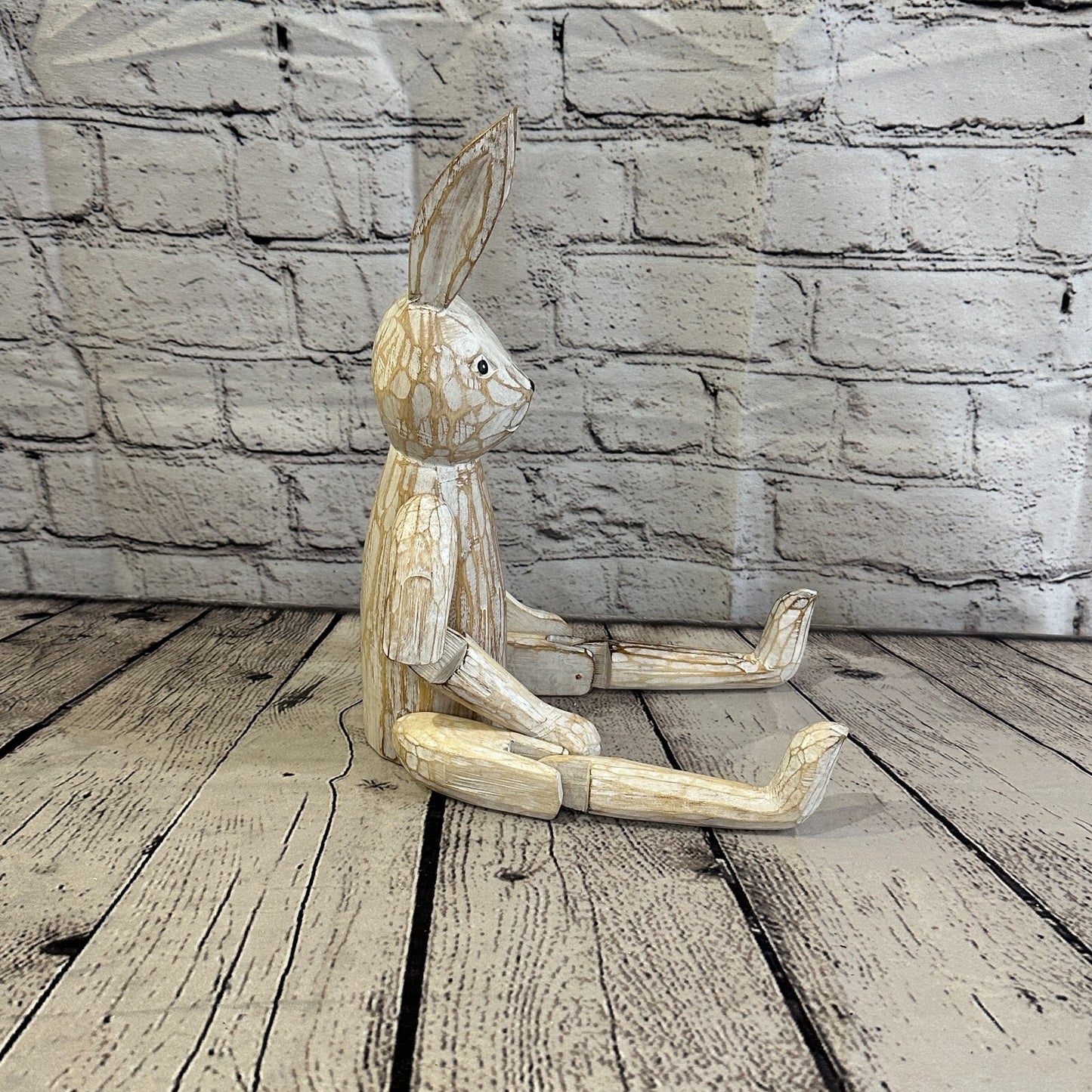 30cm Shabby White Rabbit Sitting Animal Wooden Shelf Ornament Handmade Fairtrade