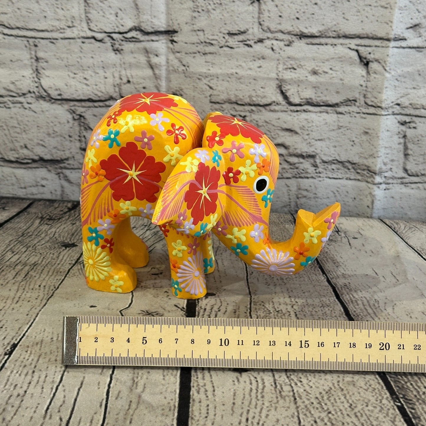 Orange Wooden Elephant With Flower Pattern 15cm x 18cm Handmade and Fairtrade
