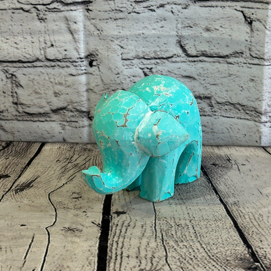 Green Wooden Elephant With Shabby Pattern 10cm x 10cm Handmade and Fairtrade