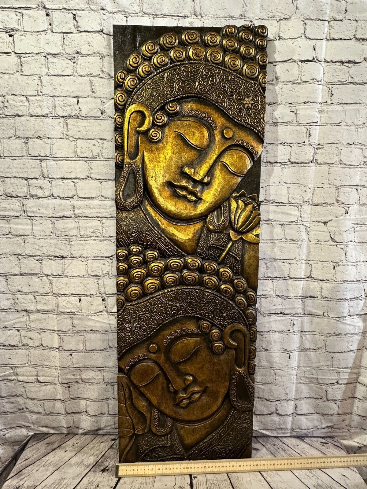 120cm x 40cm Tall Buddha 2 Faces Gold Wooden Wood Panel Wall Art Plaque
