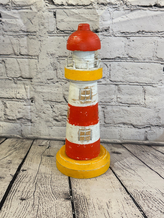 30cm Red White Wooden Lighthouse Ornament Nautical Coastal Sculpture Statue
