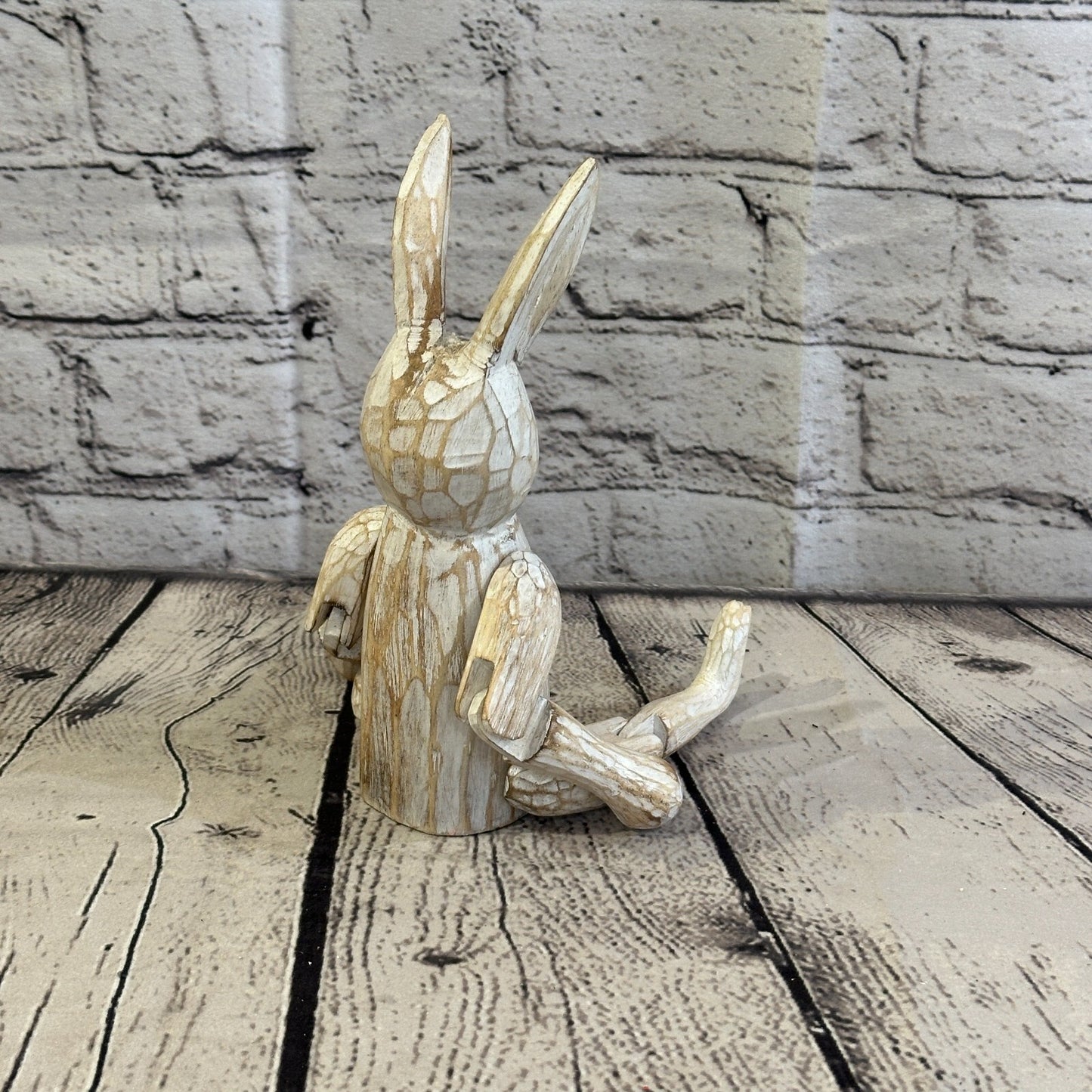 20cm Shabby White Rabbit Sitting Animal Wooden Shelf Ornament Handmade Fairtrade