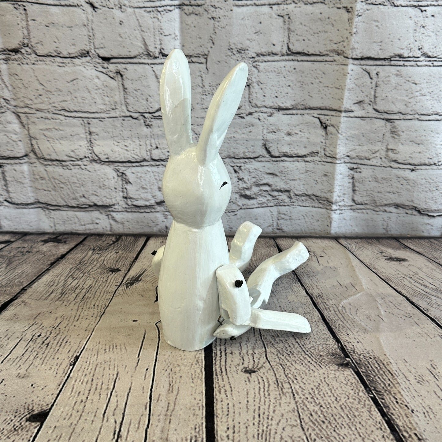 20cm White Rabbit Sitting Animal, Wooden Shelf Ornament Handmade & Fairtrade