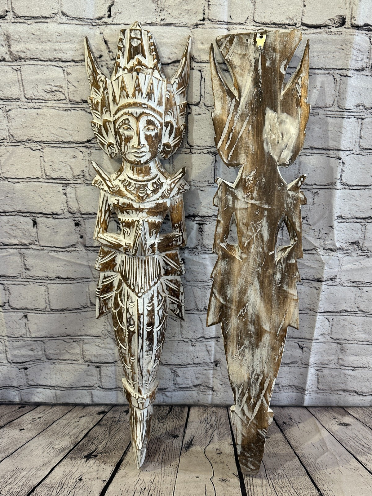 Shabby Brown Sita Dewi Bali Rice Goddess Wings Mermaid Wood Carving 65cm Pair