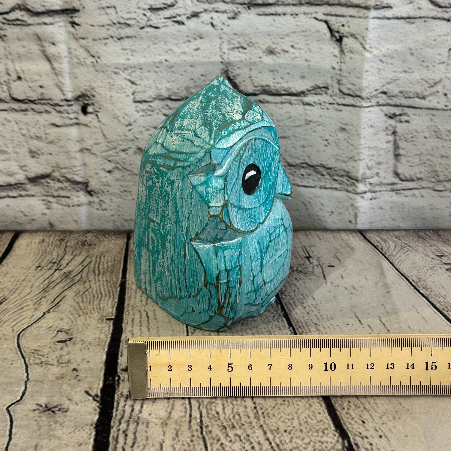 12cm x 10cm Green Flower Wooden Shabby Owl Statue Ornament Fair Trade Handcarved