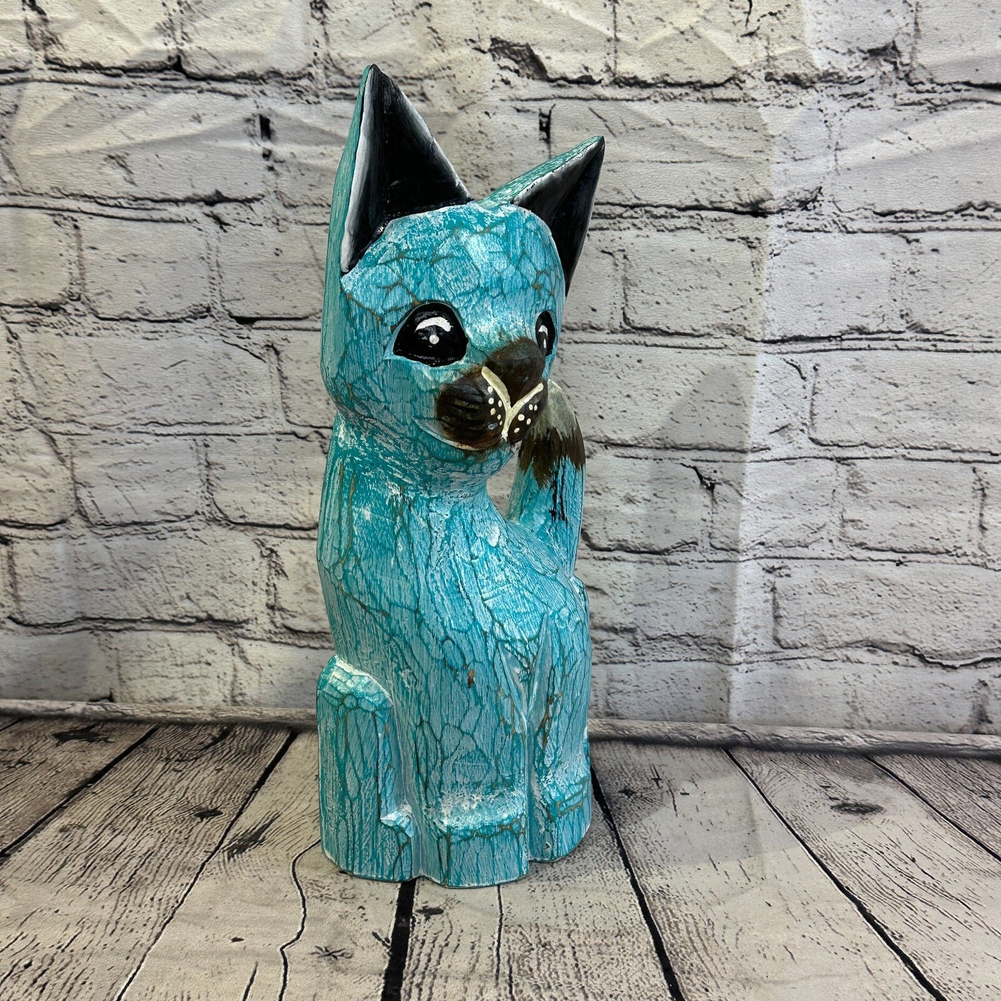 35cm x 15cm Green Flower Wooden Shabby Cat Statue Ornament Fair Trade Handcarved