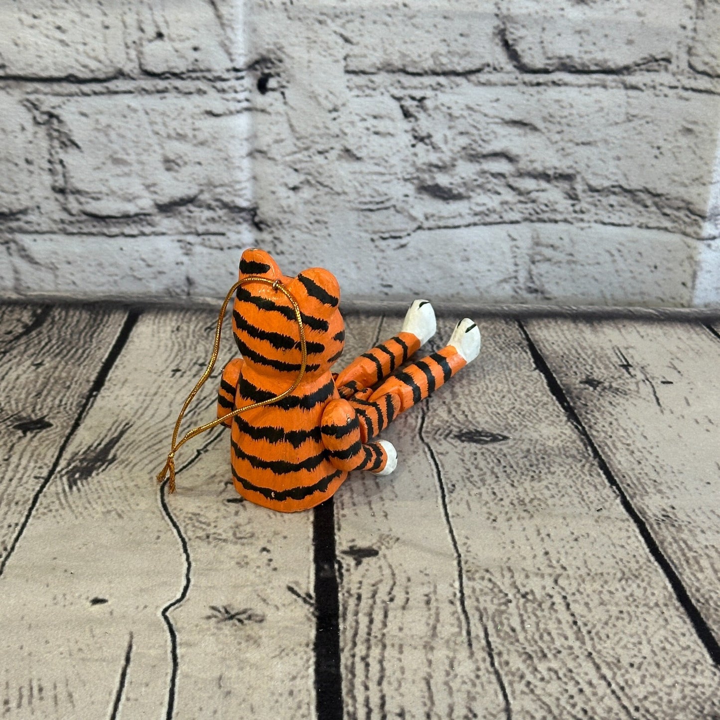 10cm Orange Tiger Sitting Animal, Wooden Shelf Ornament Handmade and Fairtrade