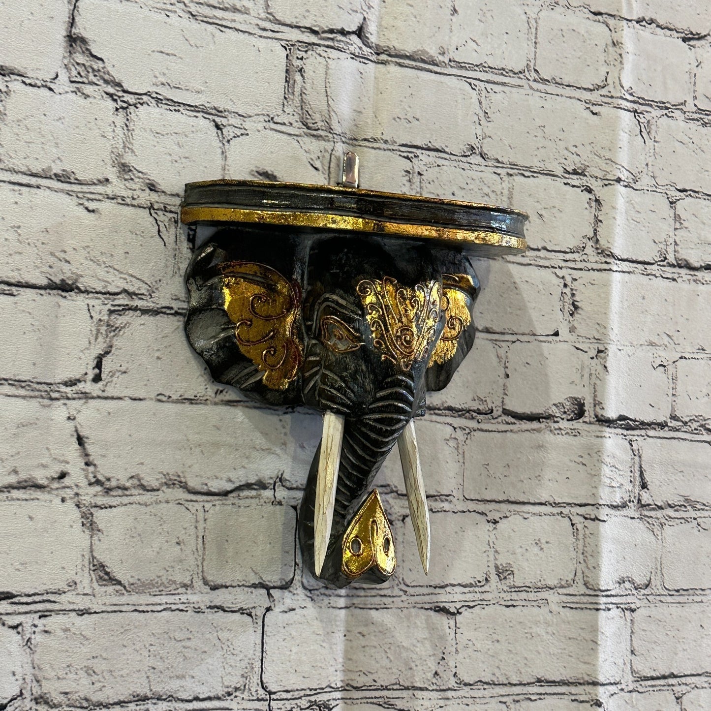 20cm x 20cm Black Gold Shelf Wood Elephant Head Wall Mounted Art Large Shabby