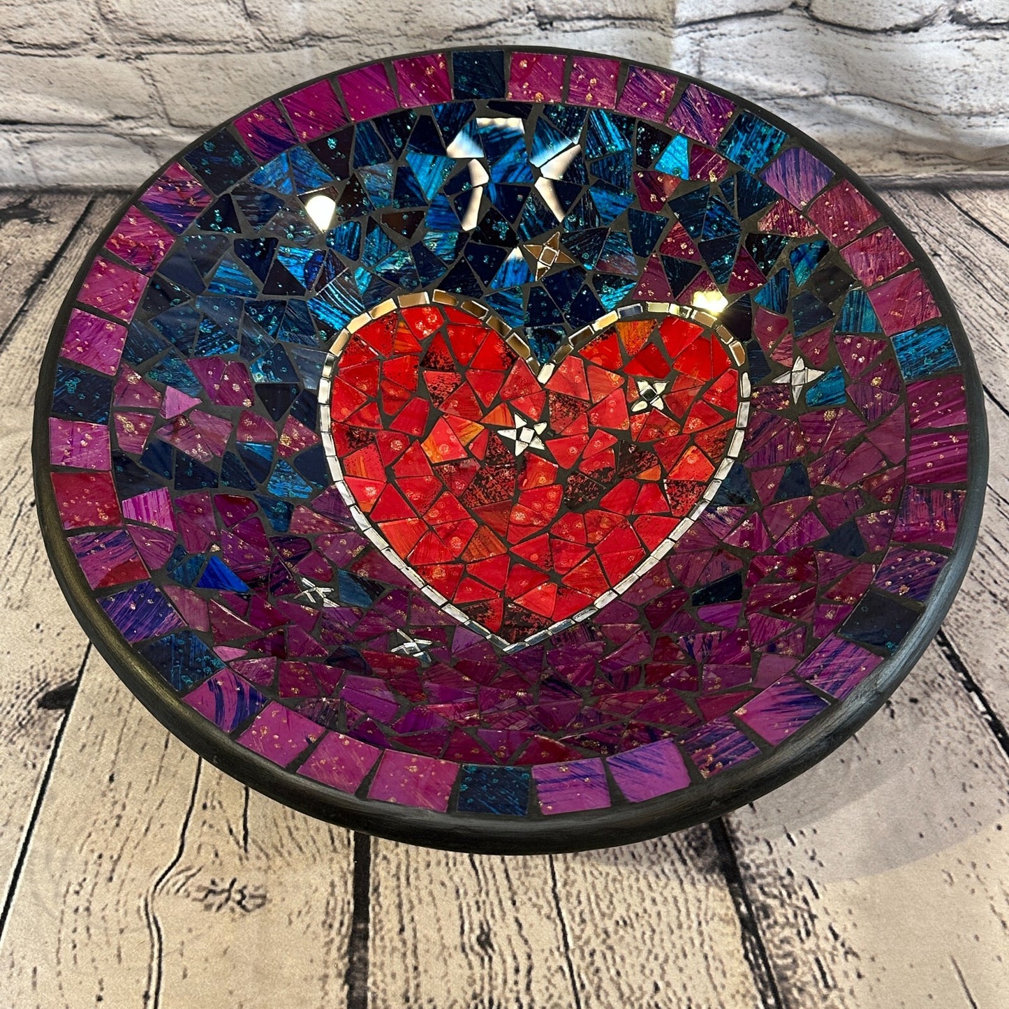 35cm Purple Red Heart Round Mosaic Handmade Ceramic Glass Tile Bowl Fruit
