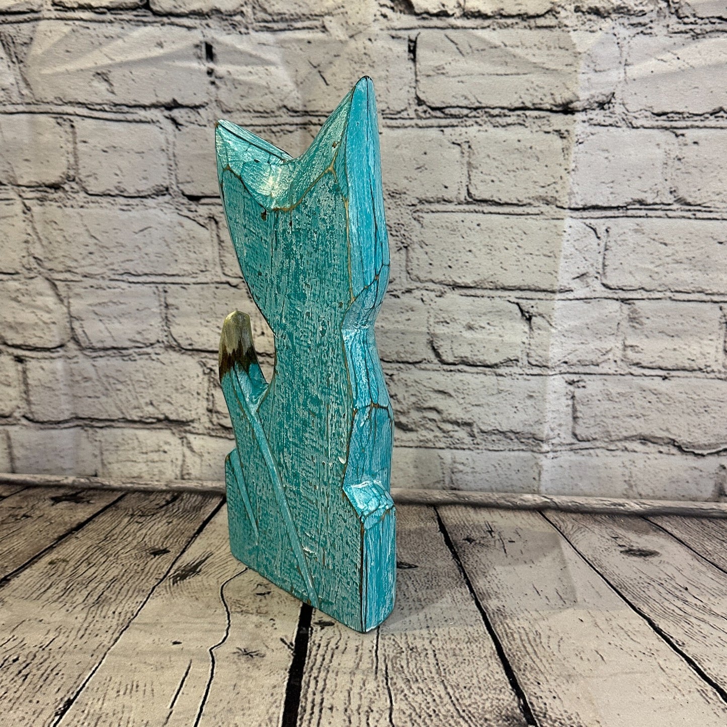 30cm x 12cm Green Flower Wooden Shabby Cat Statue Ornament Fair Trade Handcarved