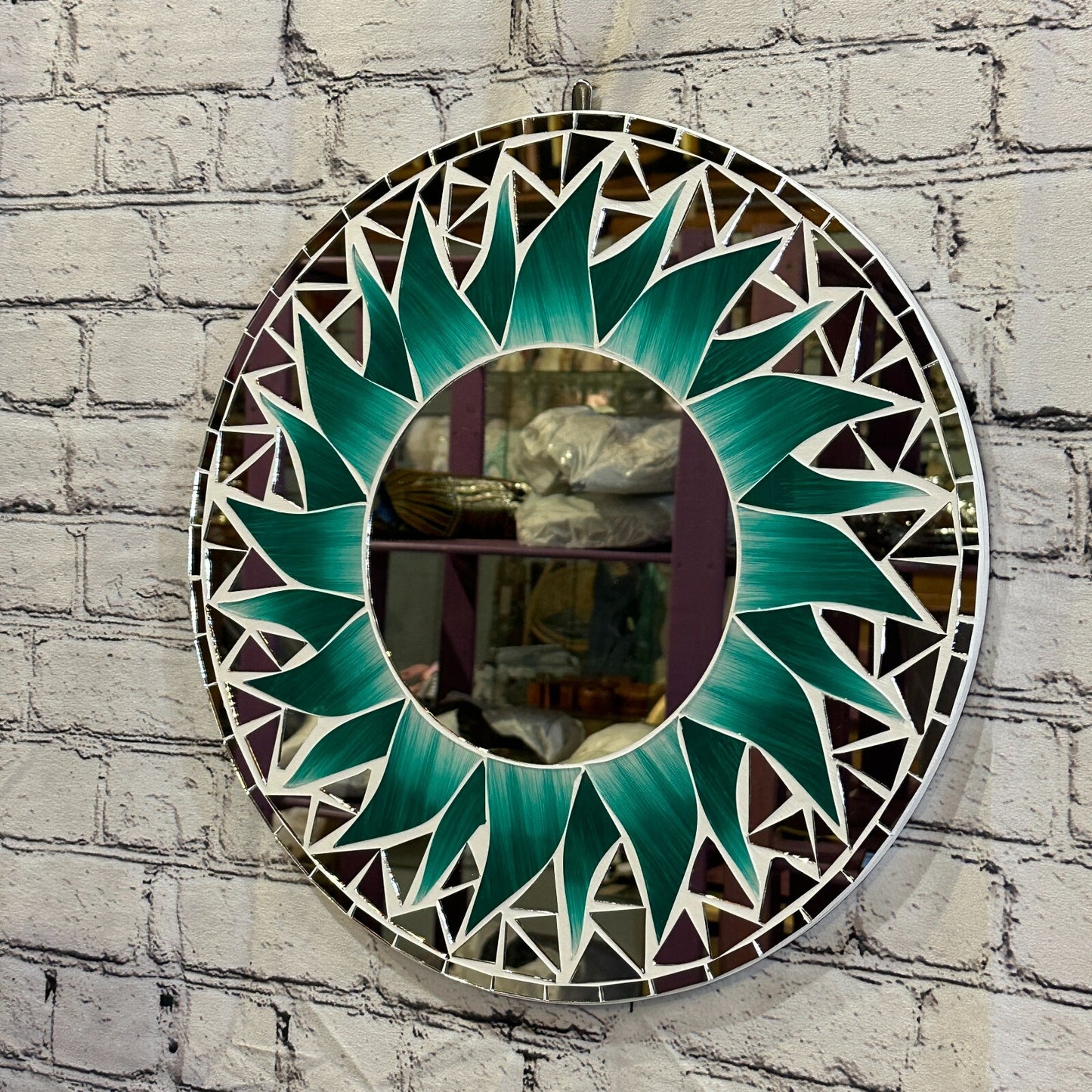 Green Flame Sun Mosaic Tile Wall Mirror 40cm x 40cm 16 Inches Handmade New