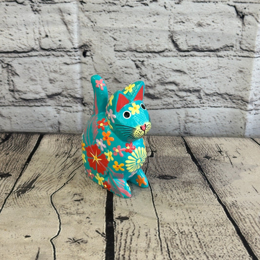 Blue Small Wooden Cat With Flower Pattern 12cm x 6cm Handmade and Fairtrade