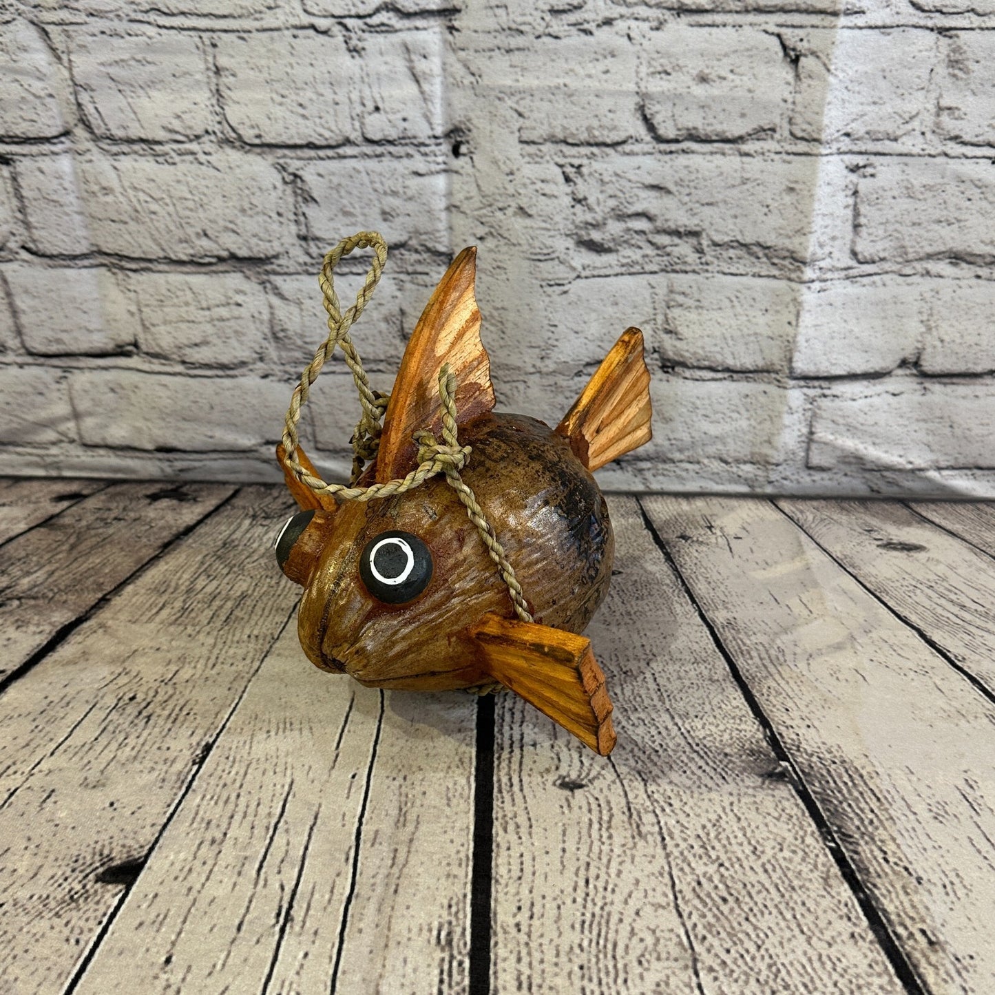 Plain Brown Folk Art Hand Painted Puffer Fish Coconut Shell Ornaments Hanging