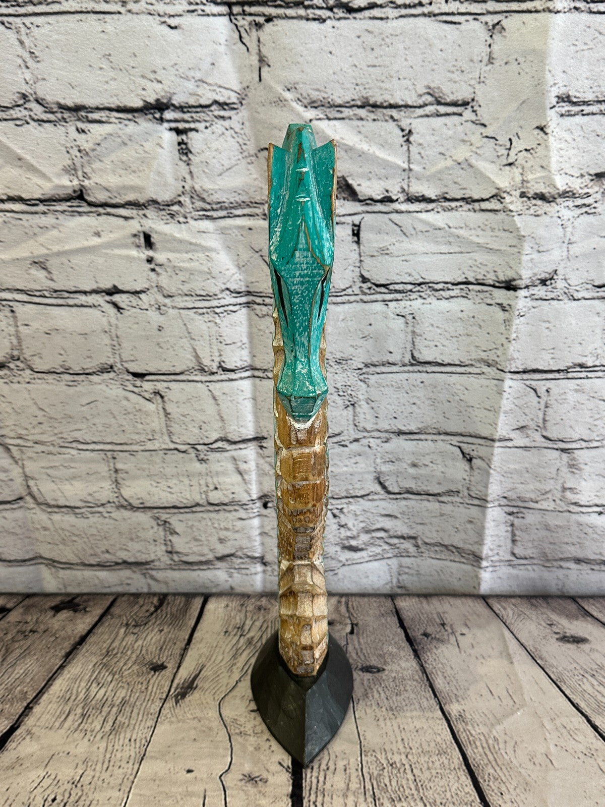 40cm Green Brown Wooden Shabby Seahorse Statue Ornament Fair Trade Handcarved