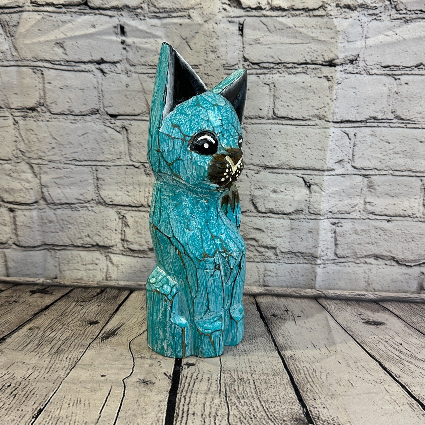 30cm x 12cm Green Flower Wooden Shabby Cat Statue Ornament Fair Trade Handcarved