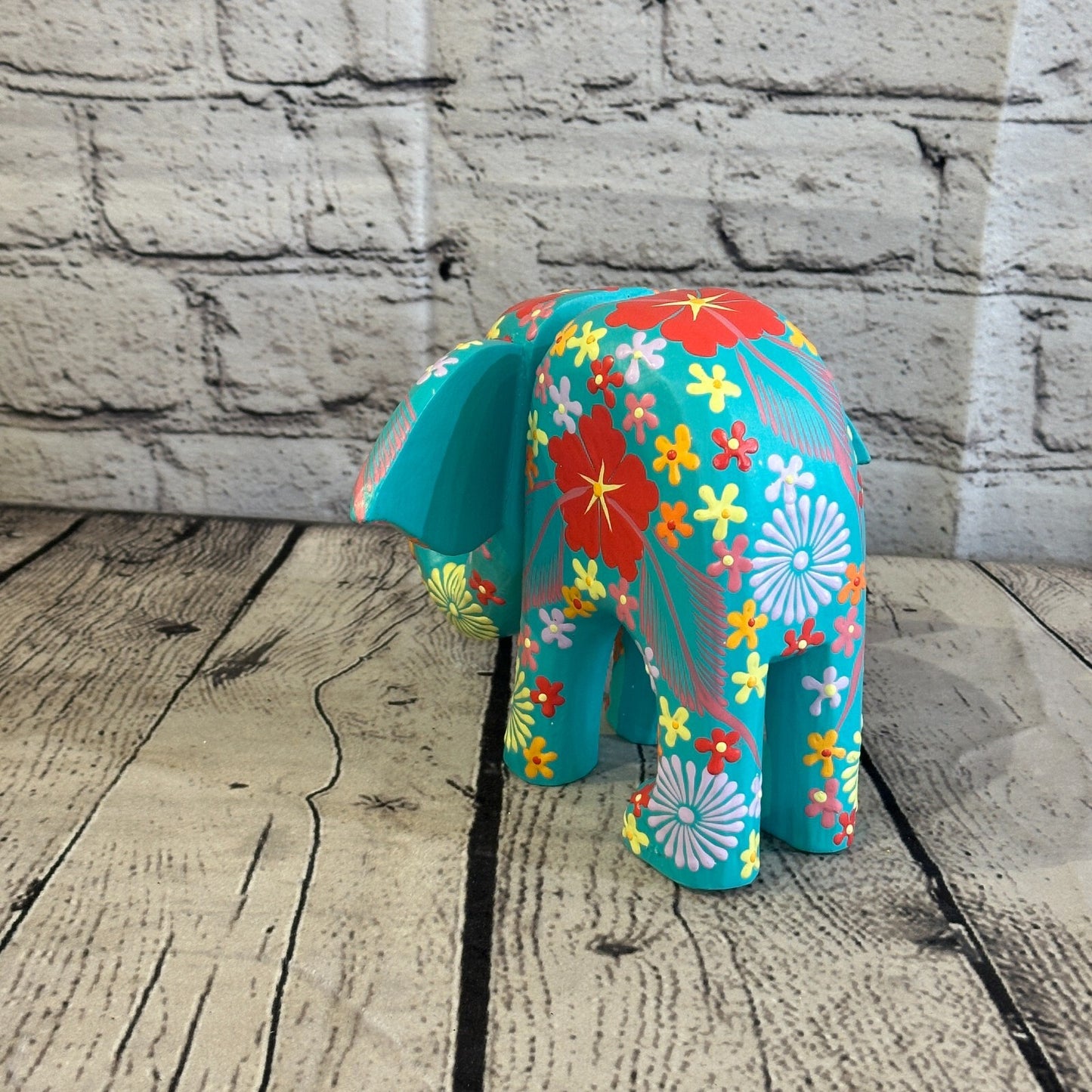 Blue Wooden Elephant With Flower Pattern 15cm x 18cm Handmade and Fairtrade