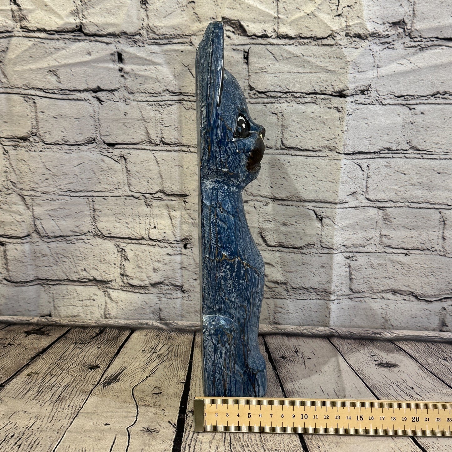 35cm x 15cm Blue Flower Wooden Shabby Cat Statue Ornament Fair Trade Handcarved