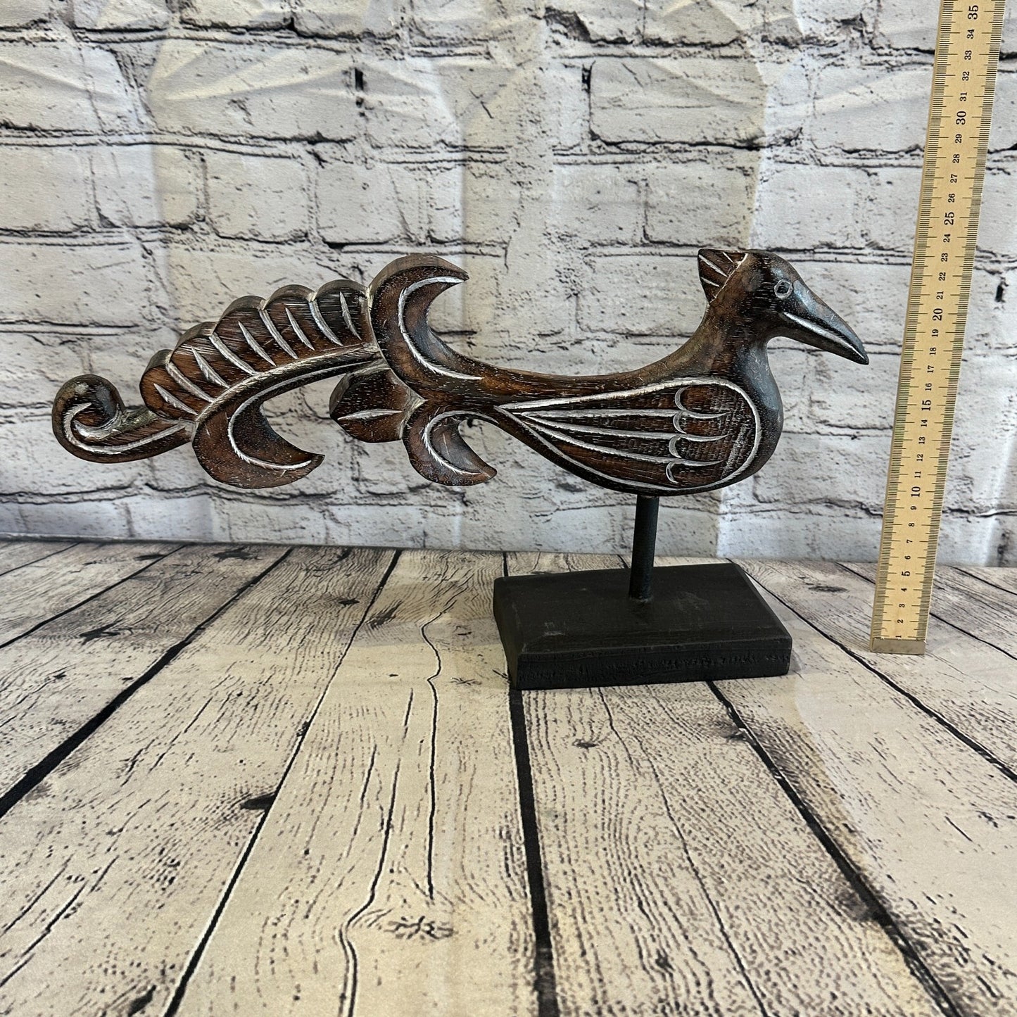 45cm x 25cm Wooden Tribal Primitive Black Phoenix Bird Stand Sculpture Statue