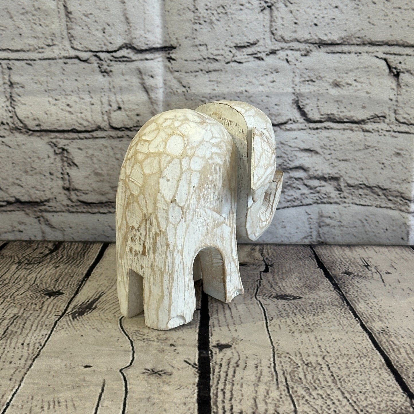White Wooden Elephant With Shabby Pattern 12cm x 12cm Handmade and Fairtrade