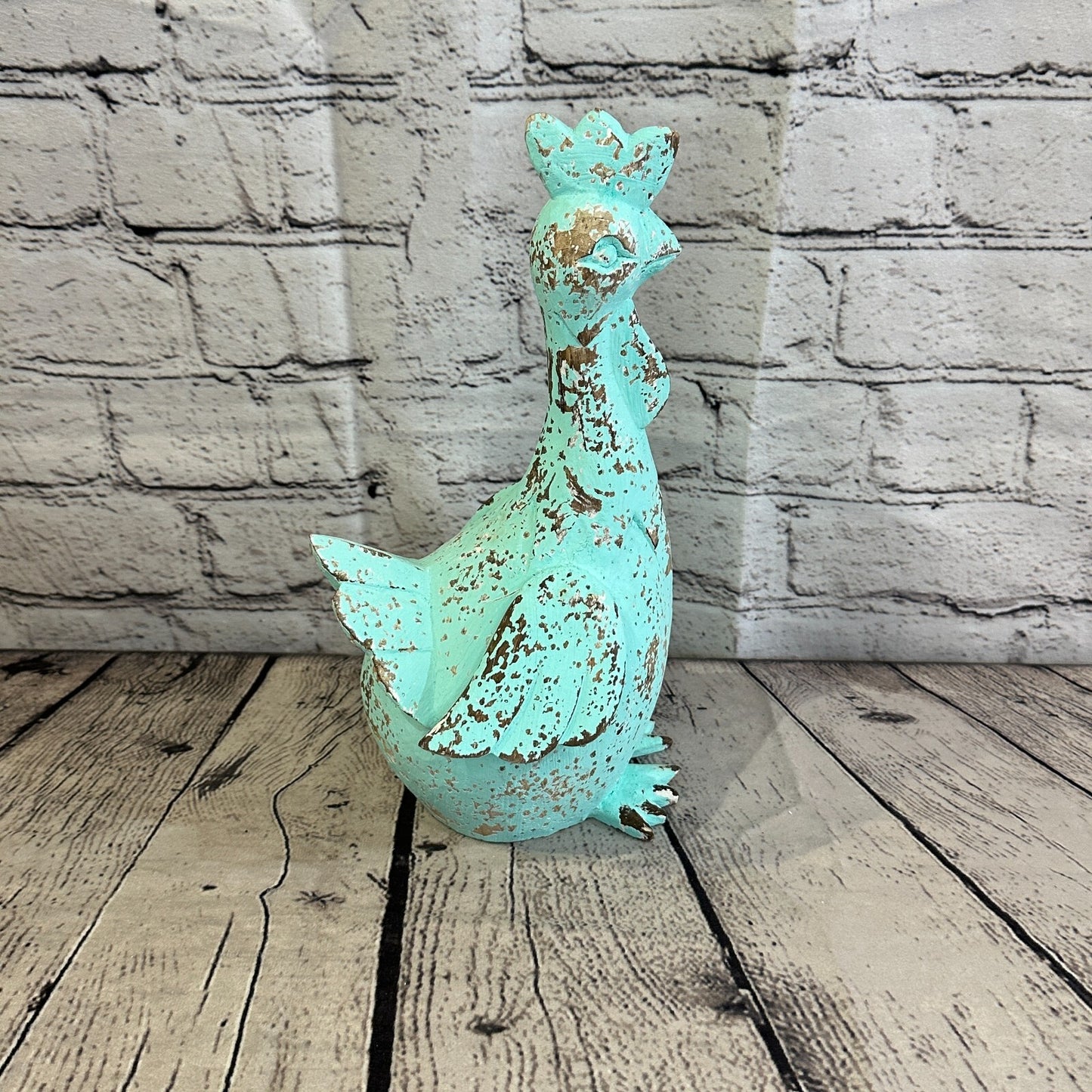 25cm x 12cm Green Shabby Wooden Rooster Cockerel Retro Collectable Hand Carved