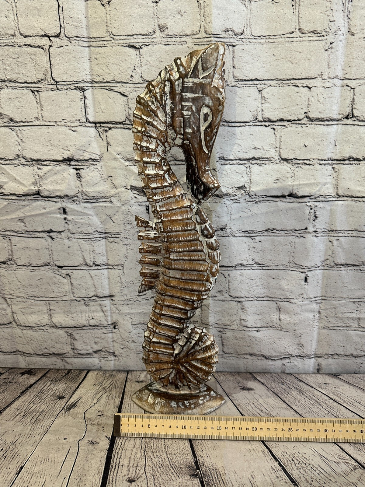 50cm Brown Plain Wooden Shabby Seahorse Statue Ornament Fair Trade Handcarved