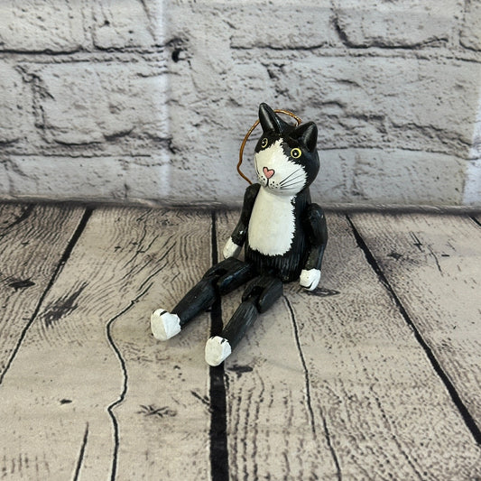 10cm Black Cat Sitting Animal, Wooden Shelf Ornament Handmade and Fairtrade