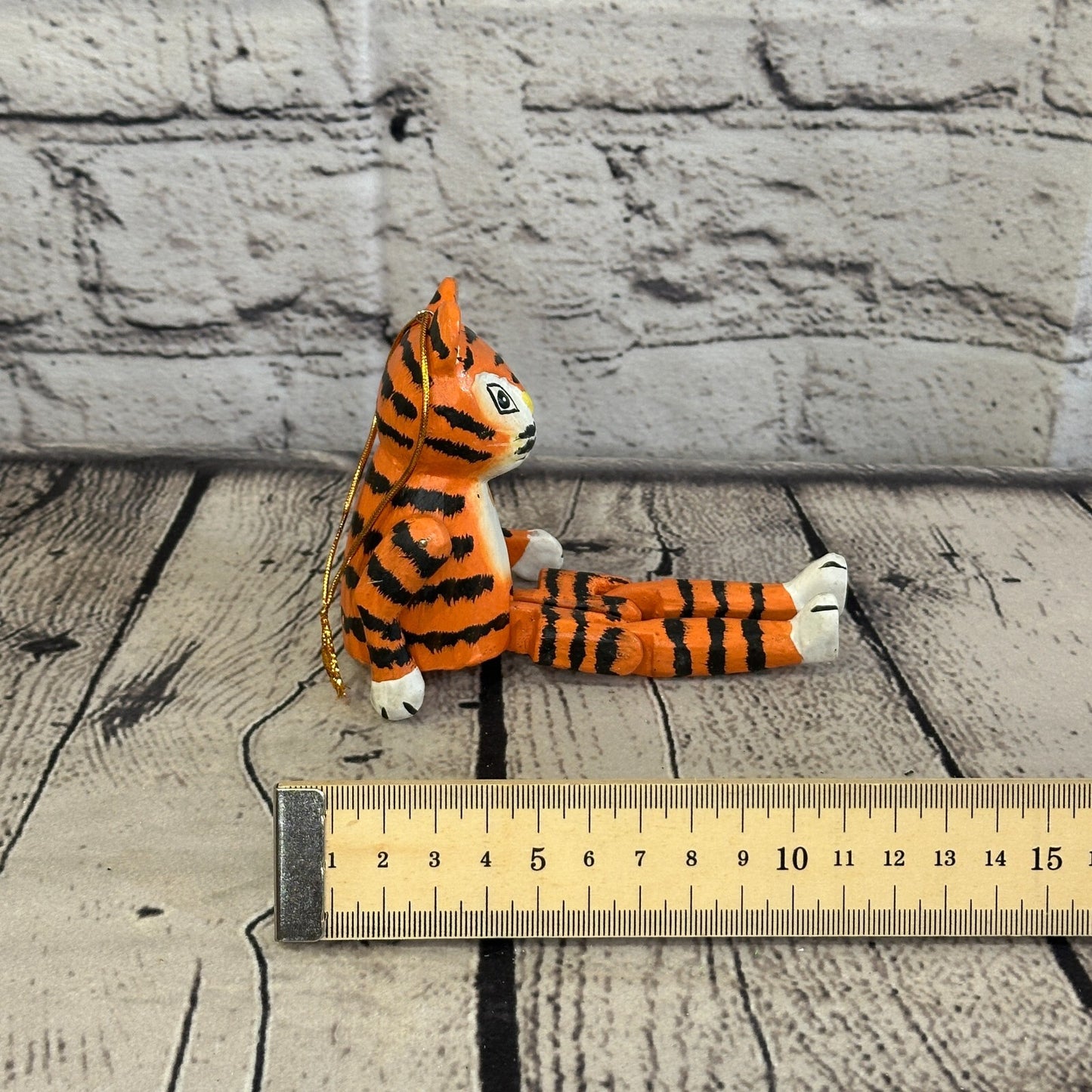 10cm Orange Tiger Sitting Animal, Wooden Shelf Ornament Handmade and Fairtrade
