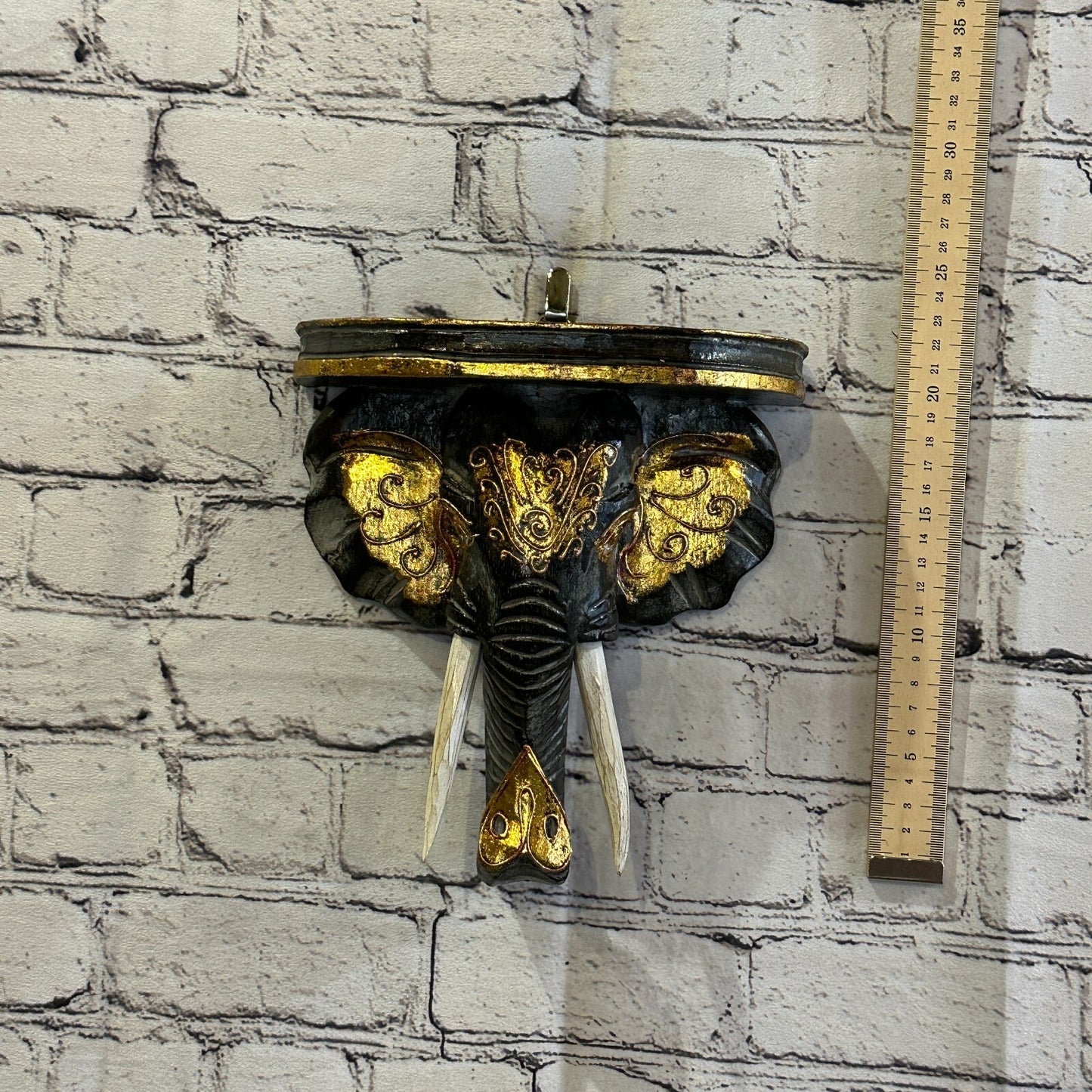 20cm x 20cm Black Gold Shelf Wood Elephant Head Wall Mounted Art Large Shabby
