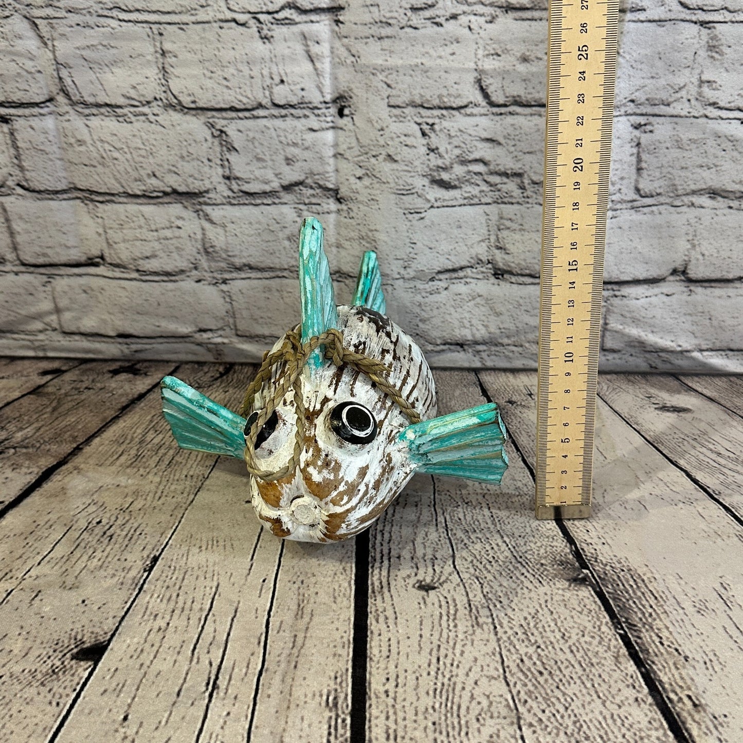Green White Folk Art Hand Painted Puffer Fish Coconut Shell Ornaments Hanging