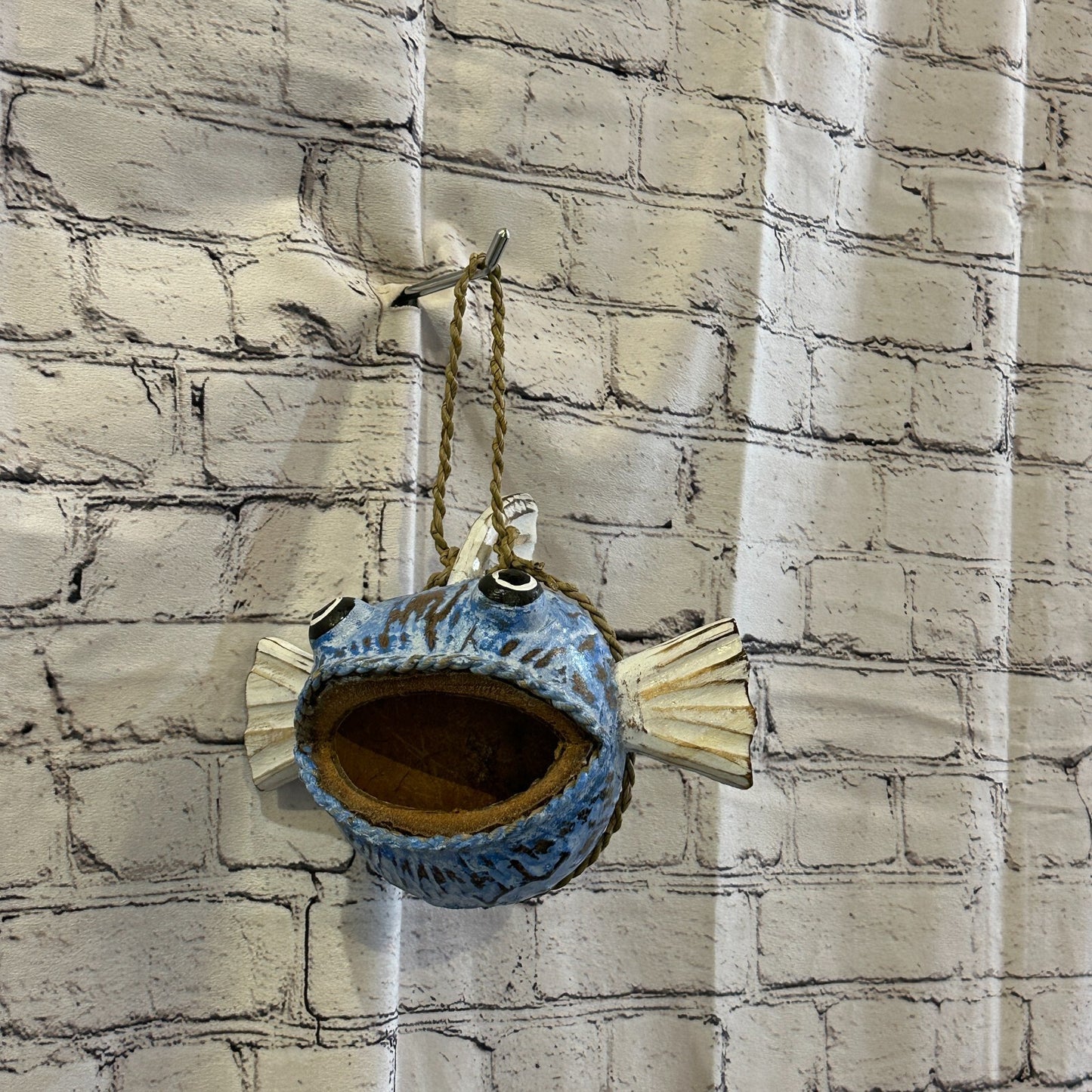 White Blue Folk Art Hand Painted Shark Fish Coconut Shell Ornaments Hanging